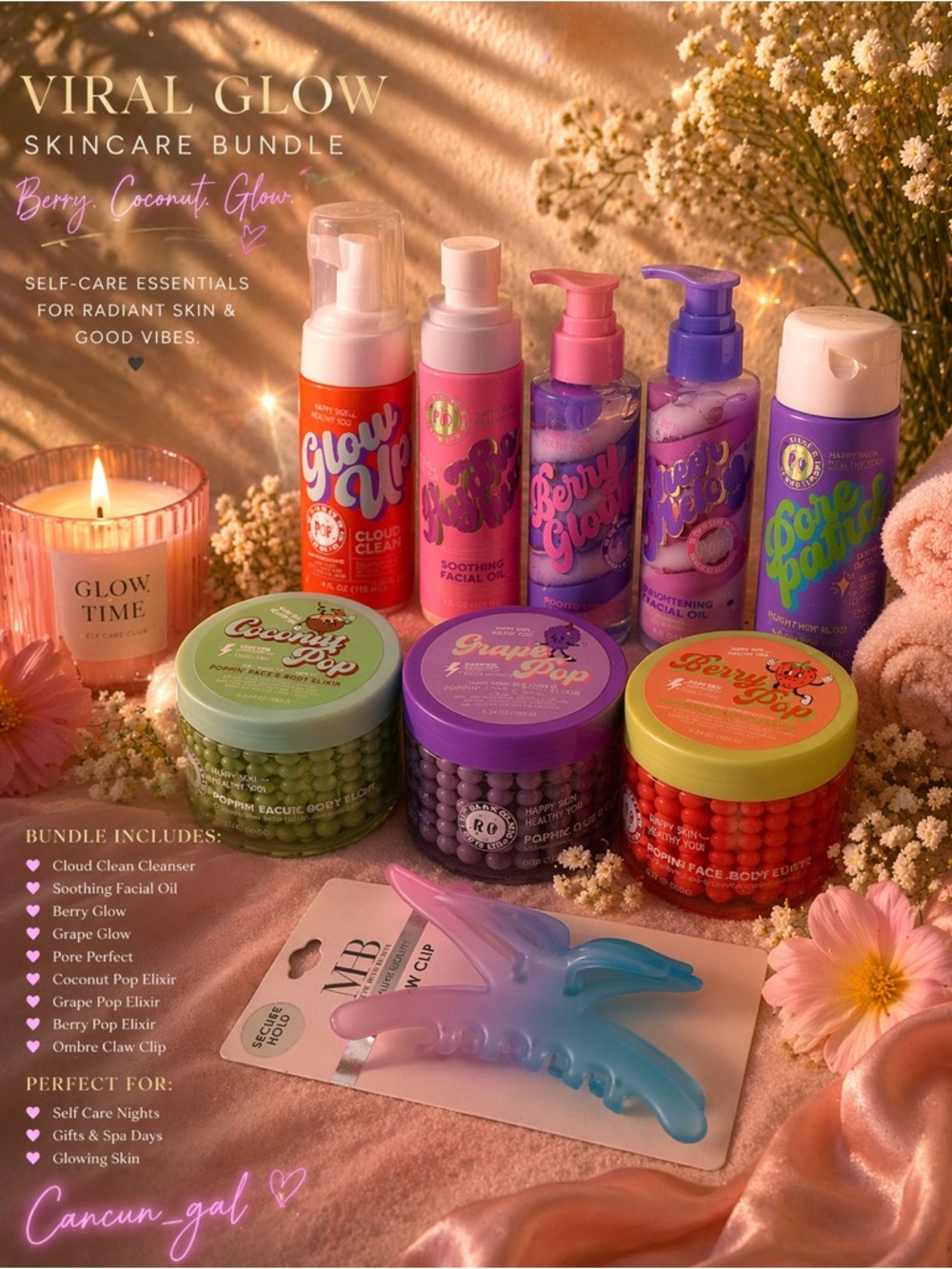 Viral Glow Skincare Bundle + Claw Clip 💕 Berry Coconut Spa Set